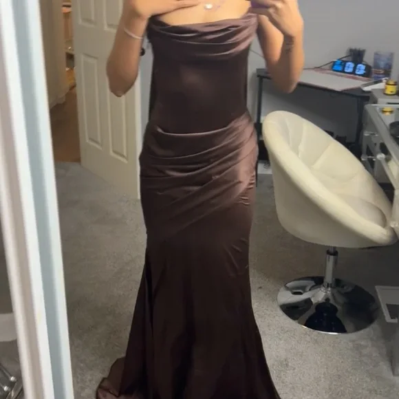 Brown Satin Halter-Back Maxi Dress - Picture 6 of 7